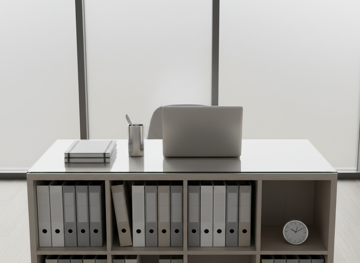 A spotless, sleek glass desk organized with precision, displaying a set of neatly stacked graphite-gray notebooks, a streamlined brushed-steel pen holder, and a modern silver laptop closed, reflecting subtle light. The desk is placed in front of a minimalist bookshelf filled with cleanly arranged, monochromatic binders and a small, elegant clock. Soft, diffuse daylight filters through a frosted window, casting mild, elongated shadows that offer a calm, focused environment. Captured from a slightly elevated, centered angle, this composition emphasizes structure and clarity, with sharp edges and neutral gray and beige tones. The mood is professional, calm, and reassuring, matching a corporate, photographic realism aesthetic ideal for an education coaching website.