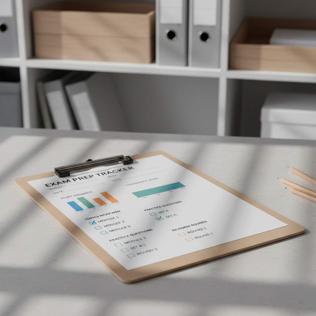 A smooth, light ash-wood clipboard resting neatly on a pale stone countertop, holding a printed, color-coded exam readiness checklist with minimalist graphs and tick boxes. In the backdrop, a blurred display of file organizers in matching tones reinforces the site’s structured feel. Bright, indirect sunlight washes gently across the scene, casting crisp lines and faint, organized shadows that enhance each object’s presence. Framed using rule of thirds from a side angle, the shot exemplifies clarity and purposeful arrangement. The overall atmosphere is diligent, meticulous, and appropriately corporate, employing a photographic, modern aesthetic designed for personalized educational support.