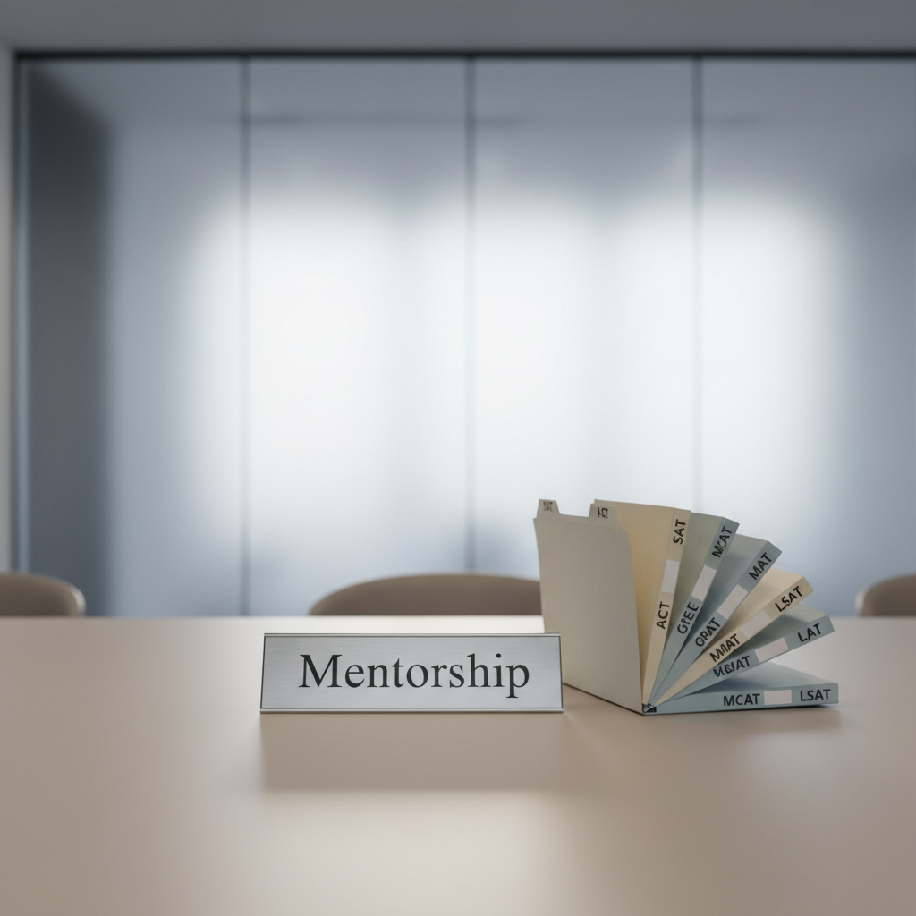 A single, slim metallic nameplate engraved with the word 'Mentorship' in a refined sans-serif font, placed on a tidy, neutral-toned conference table with a flawless matte surface. Nearby, color-coordinated folders lie in a precise fan arrangement, each labeled for a different exam type. The setting includes a blurred, minimalist glass wall in the distance, hinting at a contemporary, high-end office. Subtle, natural daylight from above and behind creates soft highlights and minimalistic shadows, enhancing the nameplate’s sophistication. Captured straight-on with centered composition, deep focus, and ample negative space, the image projects calm professionalism and trust—perfect for conveying authoritative, structured education guidance.