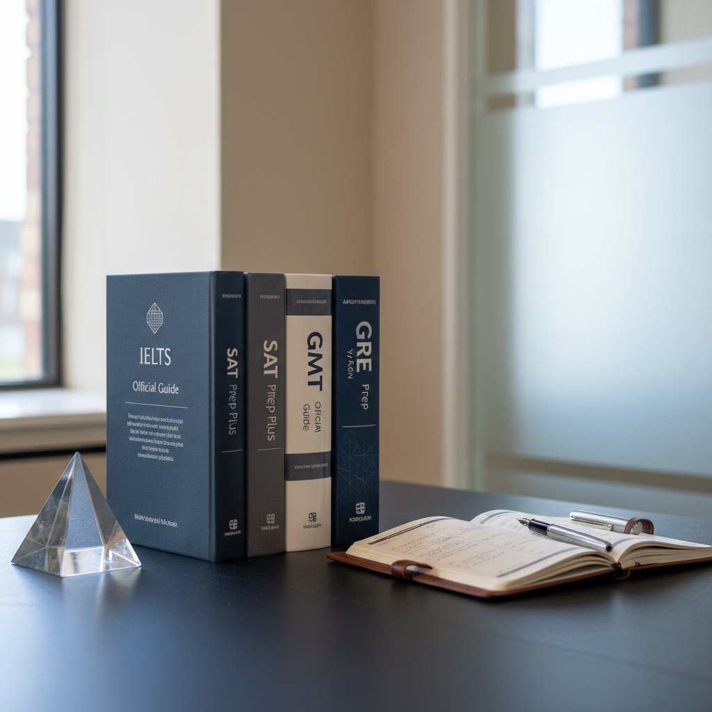 An elegant dark slate tabletop featuring a symmetrical arrangement of official-looking exam preparation books—IELTS, SAT, GMAT, and GRE—each with distinctive hardcovers in muted navy, charcoal, and ivory tones. Accentuated by a sculpted clear acrylic paperweight and an open, high-quality leather-bound planner. Set in a quiet, contemporary office corner with a neutral beige wall and a hint of a frosted glass divider in the background. Gentle, cool-toned daylight streams in from the side, creating refined highlights and polished surfaces, lending a sense of precision and confidence. Captured with a shallow depth of field from a three-quarters angle, this professional, photographic image conveys expertise and order, suited to exam coaching.
