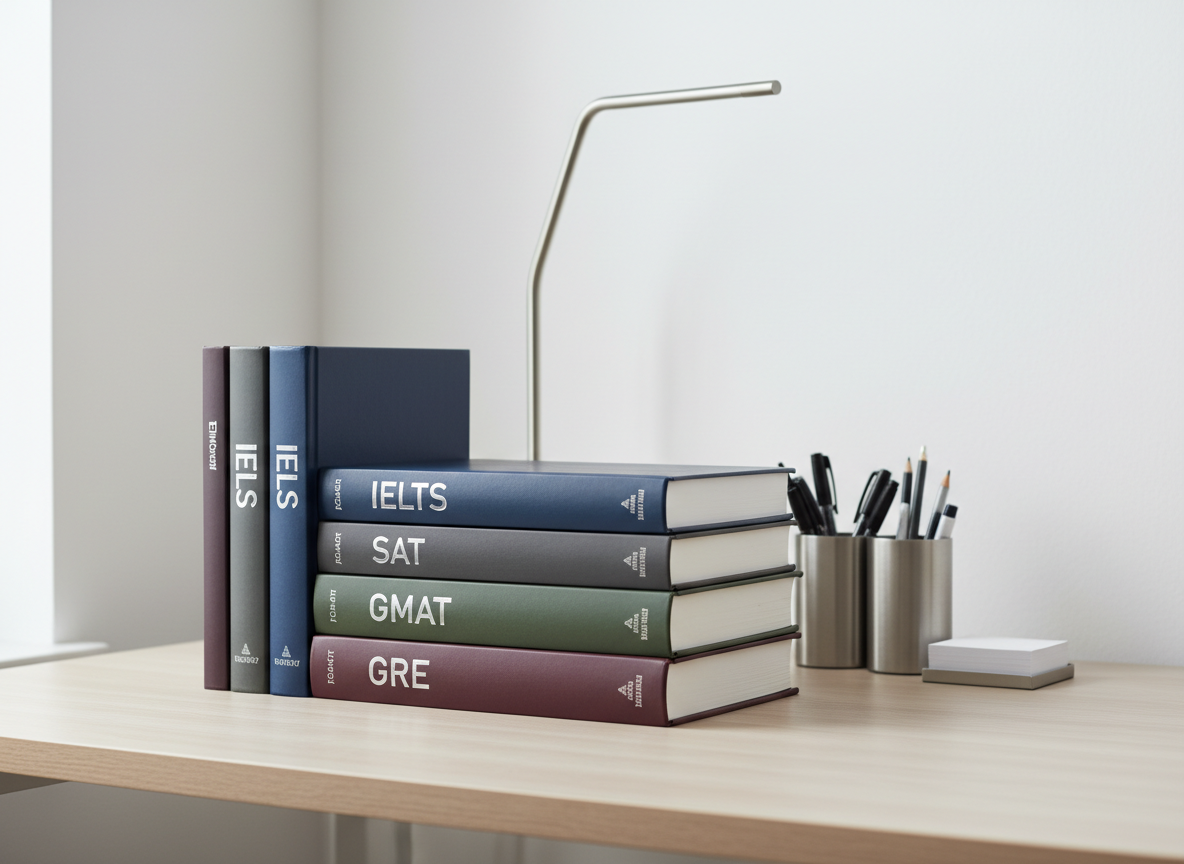 A neatly arranged stack of hardcover test preparation books—marked IELTS, SAT, GMAT, and GRE—each with subtle embossed titles in silver on smooth matte covers, propped against a background of clean white walls and an uncluttered modern desk. The surface is a light ash-wood finish with organized stationery items in brushed metal holders, emphasizing order and composure. Soft natural daylight enters from the left, creating crisp, uniform illumination and faint shadows, highlighting the books' textures. Captured from an eye-level perspective in centered composition, every detail is in sharp focus, with a photographic realism that conveys structure, professionalism, and clarity. The scene suggests a place of focused academic endeavor and tailored guidance in a corporate, minimalist aesthetic.
