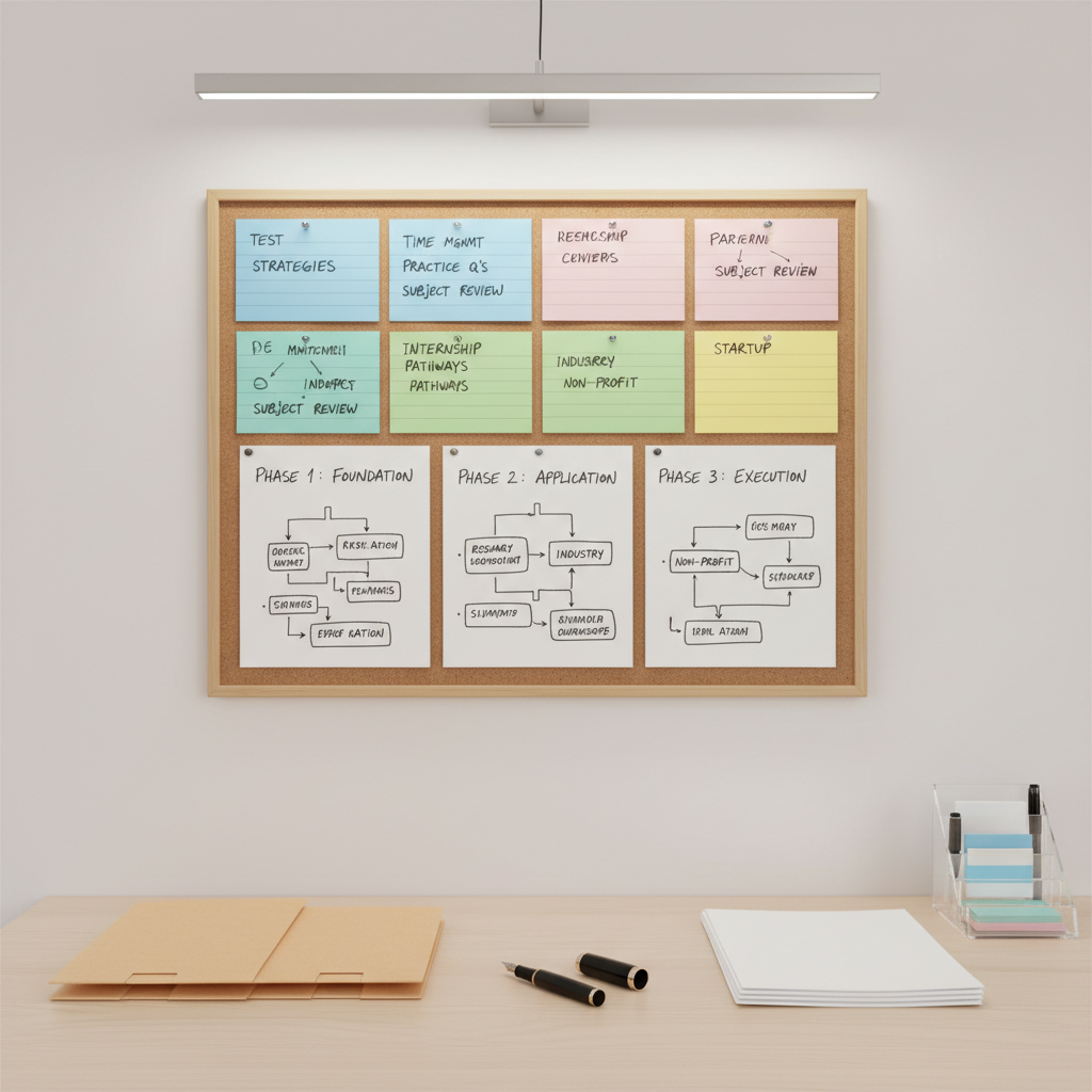 A modern corkboard neatly pinned with color-coded index cards and structured flowcharts outlining test strategies and internship pathways, all painstakingly handwritten with clean, deliberate strokes. The corkboard hangs on a neutral-toned wall above a streamlined desk with closed folders and an uncapped fountain pen atop a precise paper stack. Diffused overhead LED lighting casts uniform, cool-toned illumination, reducing shadows and enhancing clarity. Photographed straight-on with precise framing and deep focus, the image exudes order, professionalism, and methodical planning, emphasizing the expert, tailored guidance provided by the site within a disciplined, educational environment.