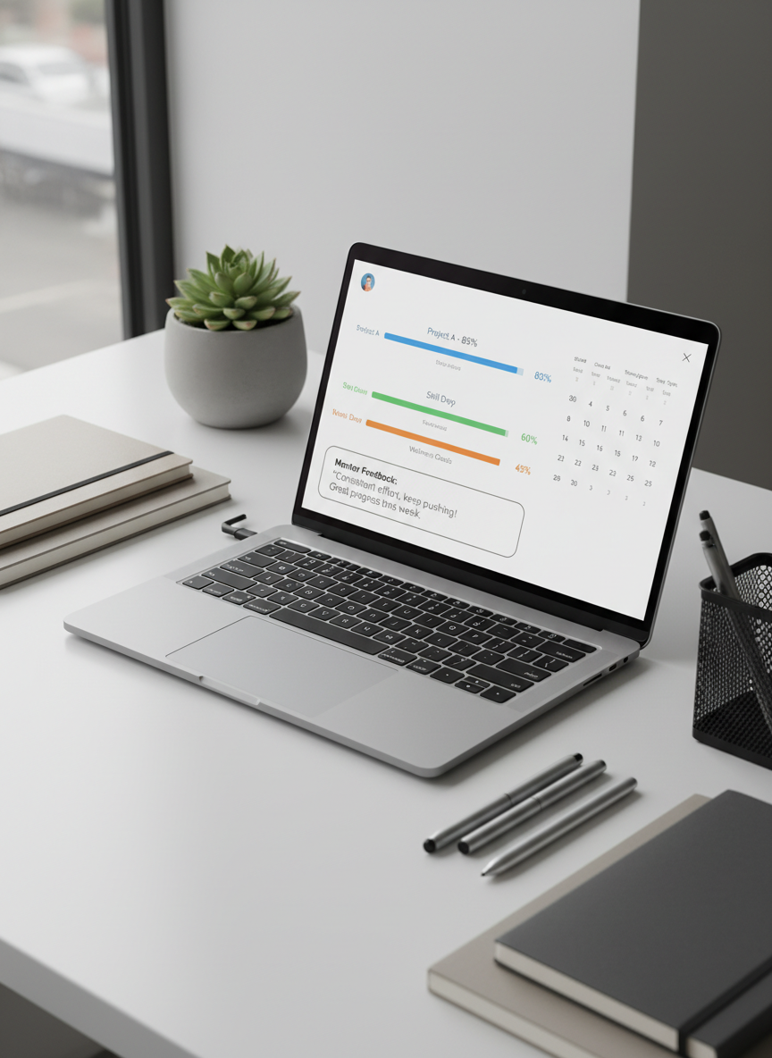 A sleek, open laptop with a brushed aluminum body and a vibrant, high-resolution screen displaying a personalized digital dashboard with progress charts, schedules, and supportive mentor feedback. The laptop sits on a minimalist, tidy workspace accented by a few carefully arranged neutral-toned notebooks and a pen tray, with a subtle potted plant in the background for a touch of calm. Gentle overcast daylight washes across the scene through a nearby window, giving the composition a soft, balanced light without harsh contrasts. Shot from a slightly elevated angle with a rule-of-thirds layout, the crisp, structured environment feels composed, purposeful, and corporate, aligning with the professional image of personalized coaching and support.